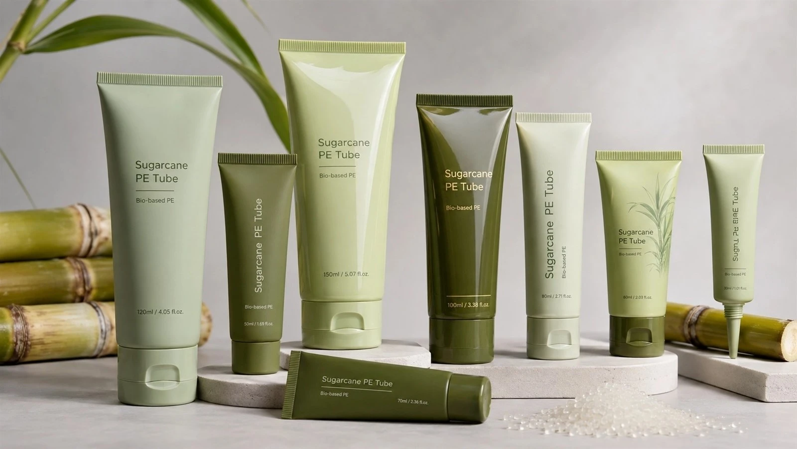 Sugarcane PE cosmetic tubes in multiple sizes, shapes and closure formats