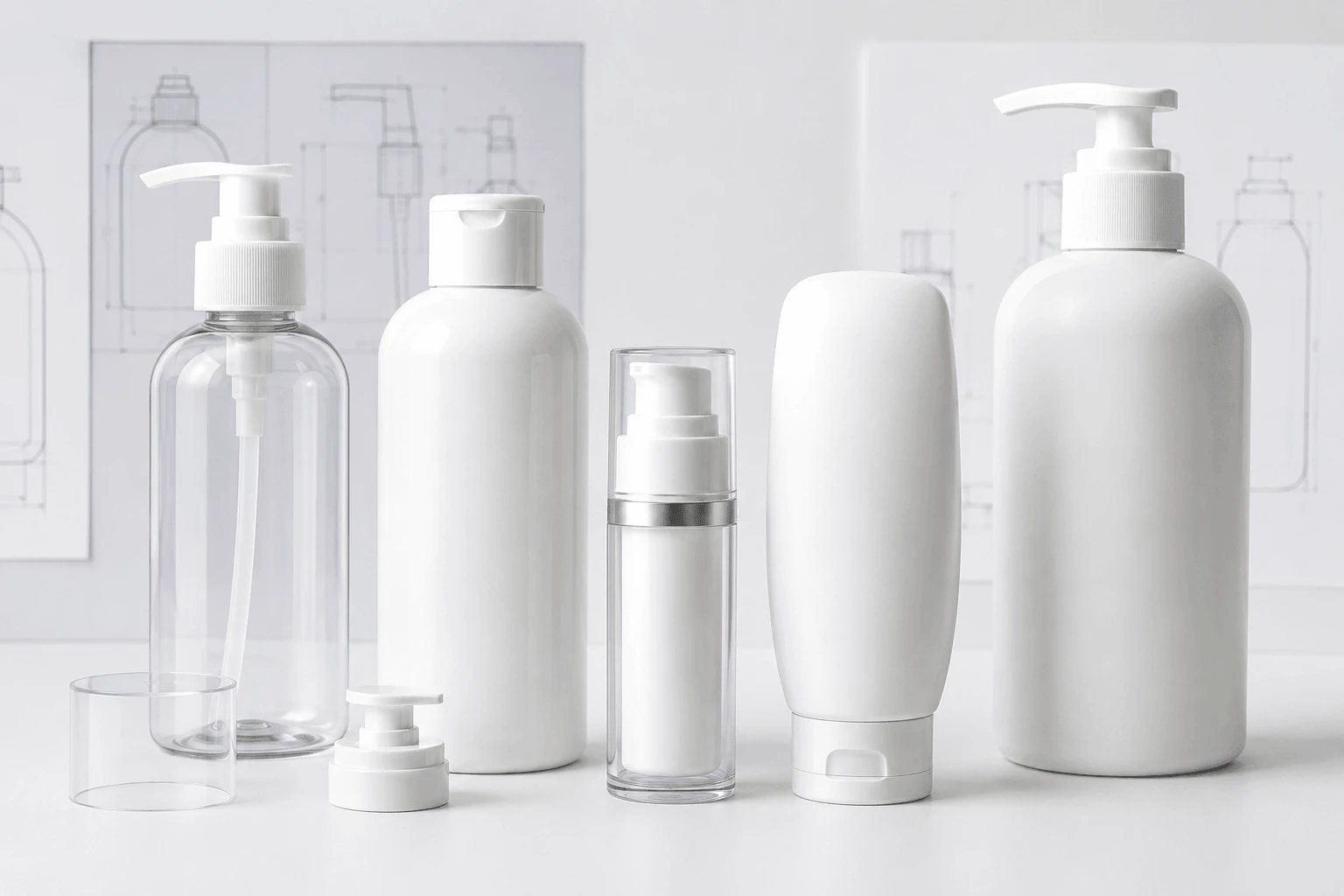 Selection of PET, HDPE, airless and pump lotion bottles for different skincare packaging needs Selection of PET, HDPE, airless and pump lotion bottles for different skincare packaging needs
