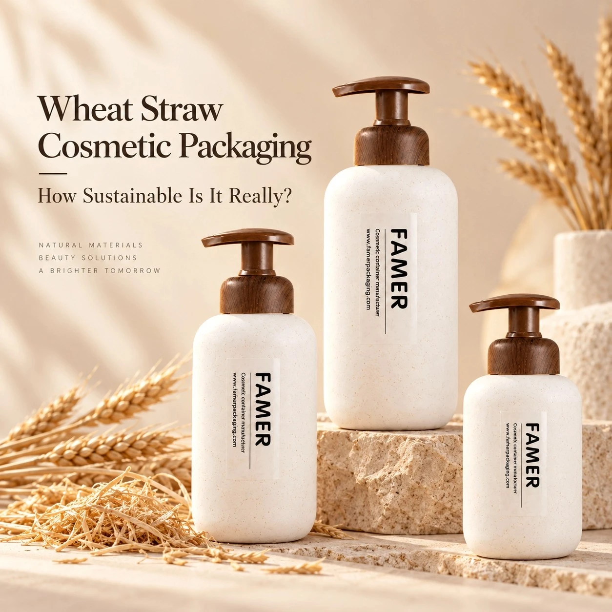 Wheat straw cosmetic packaging bottles with natural fiber speckles