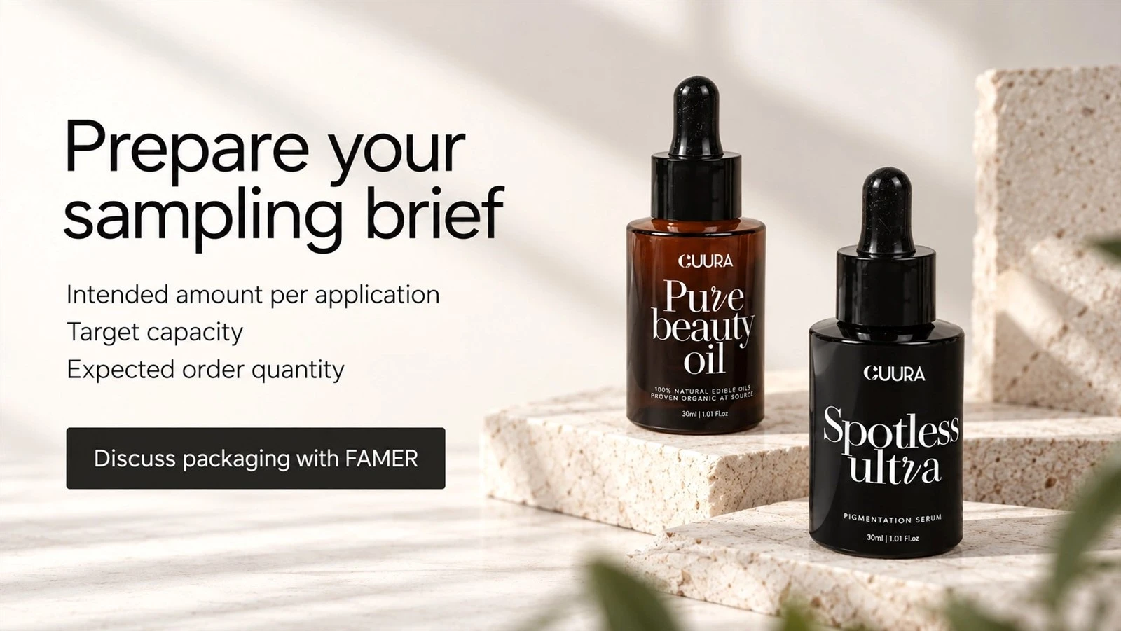 FAMER dropper bottle beside a sampling brief covering application amount, target capacity and expected order quantity. FAMER dropper bottle beside a sampling brief covering application amount, target capacity and expected order quantity.