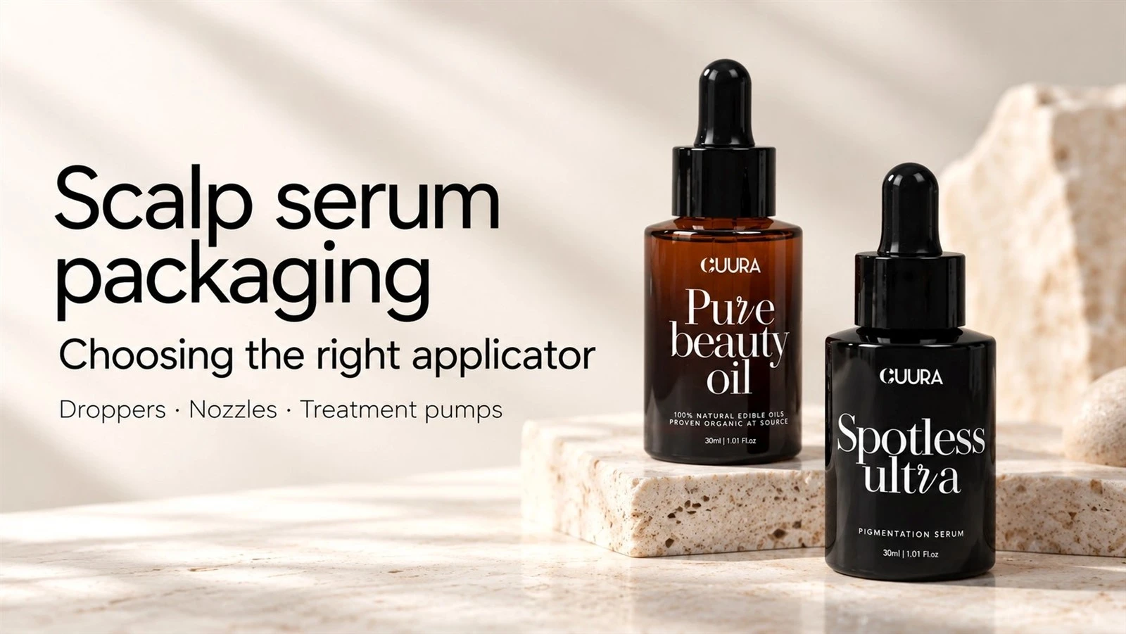 Two dark dropper bottles displayed on a light surface beside the title of a scalp serum packaging guide.
