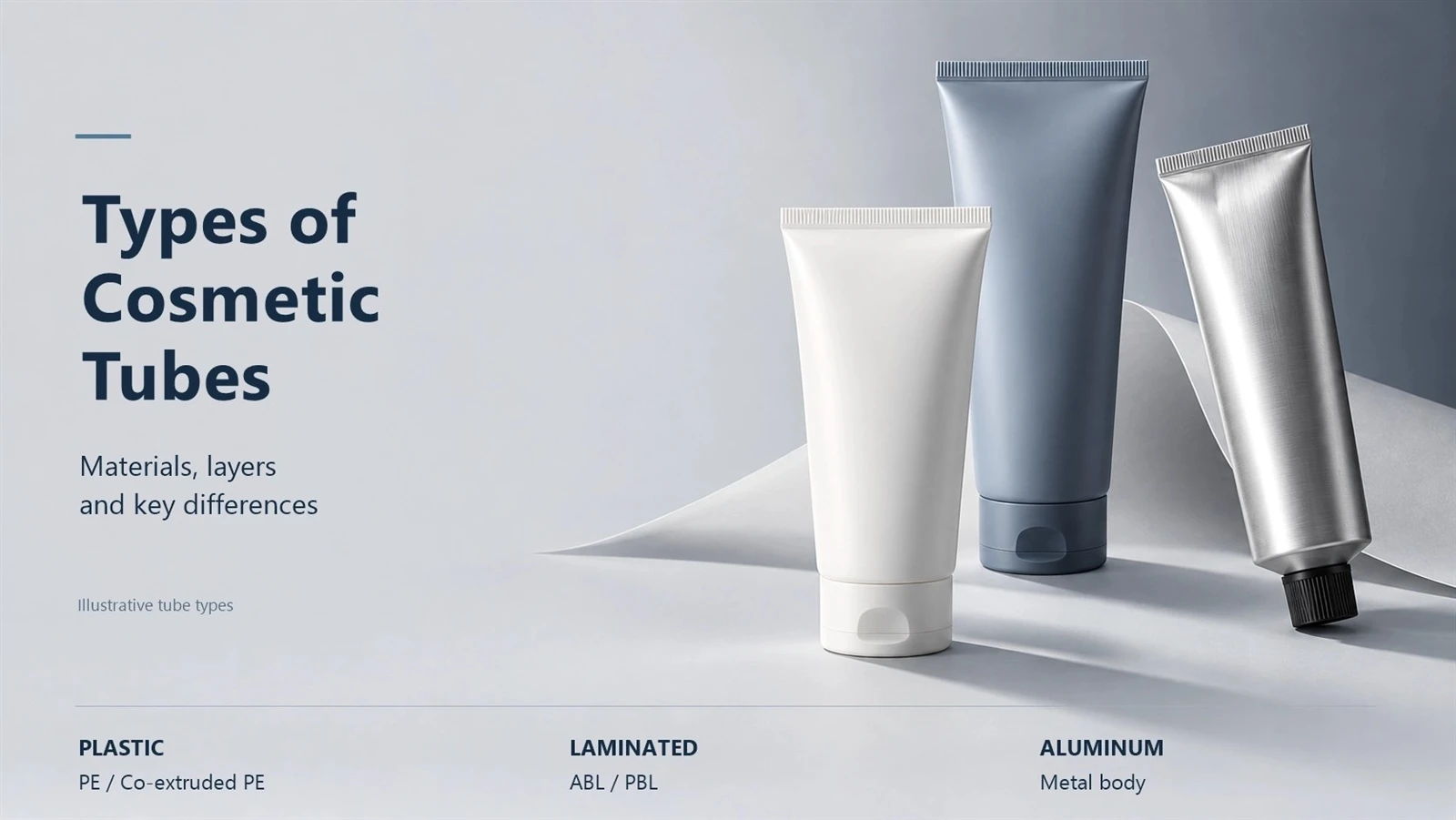 Cosmetic tube families grouped into plastic, laminated and aluminum, with PE, co-extruded PE, ABL and PBL examples. Cosmetic tube families grouped into plastic, laminated and aluminum, with PE, co-extruded PE, ABL and PBL examples.