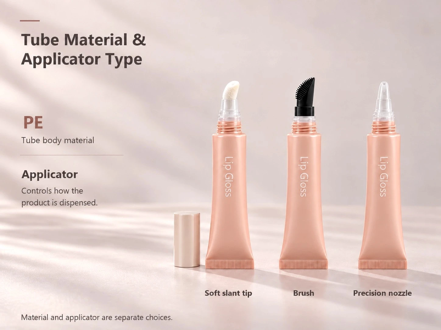 FAMER mini lip tubes with PE bodies and different applicator options, showing material and dispensing choices separately. FAMER mini lip tubes with PE bodies and different applicator options, showing material and dispensing choices separately.