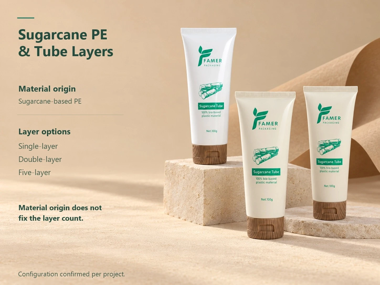 FAMER 50 ml sugarcane PE tube with listed single-layer, double-layer and five-layer customization options. FAMER 50 ml sugarcane PE tube with listed single-layer, double-layer and five-layer customization options.