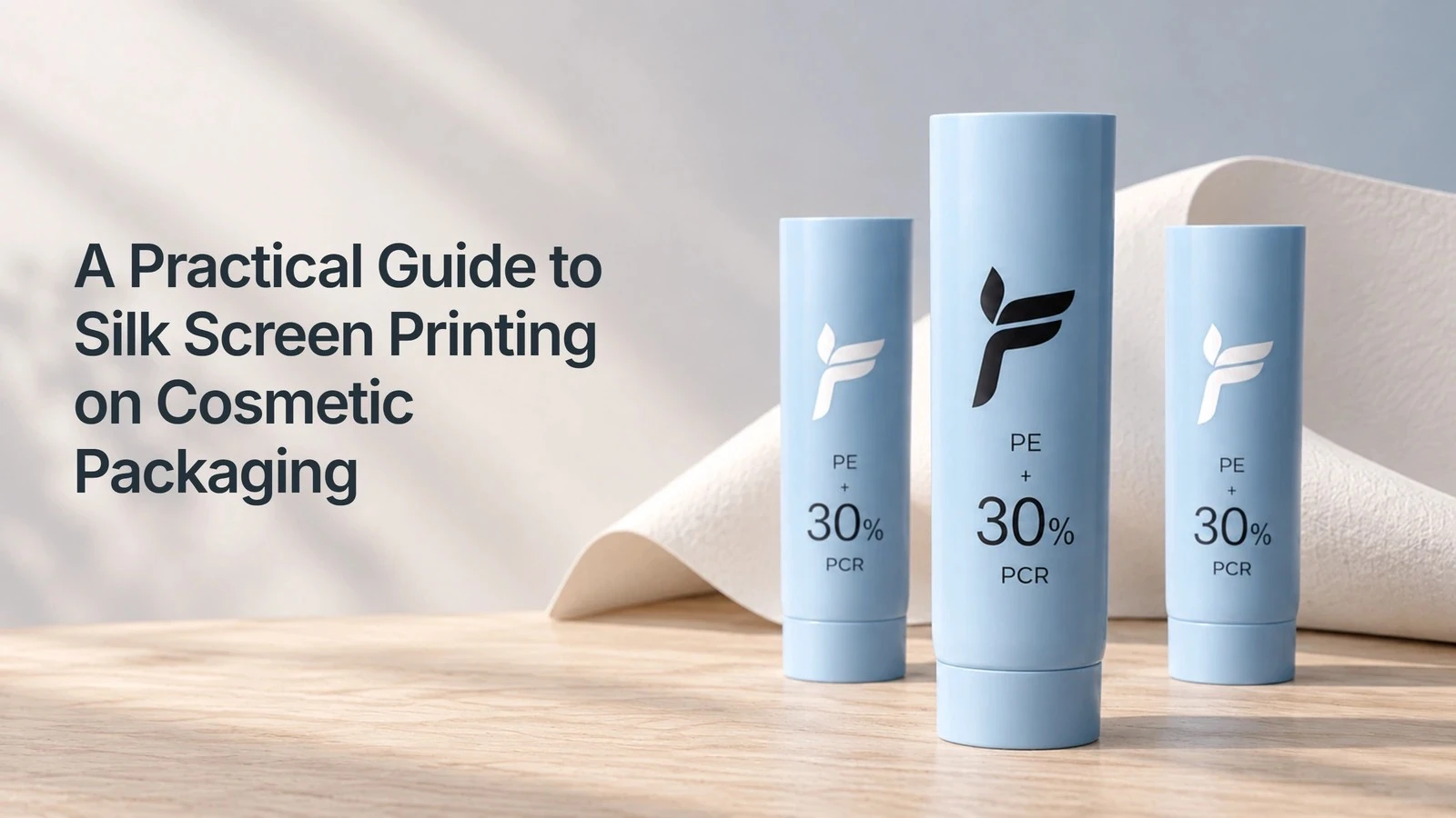 Blue PCR cosmetic tubes with black and white screen printed graphics beside the title of a cosmetic packaging printing guide.