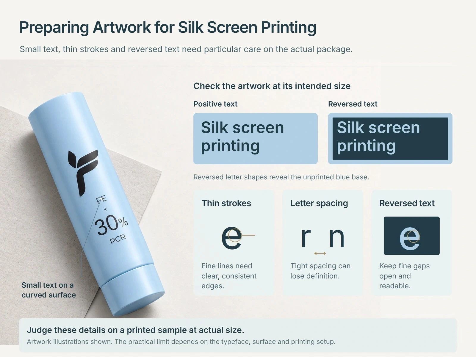Artwork preparation illustration with a blue cosmetic tube, positive and reversed text, and enlarged examples of thin strokes and letter spacing. Artwork preparation illustration with a blue cosmetic tube, positive and reversed text, and enlarged examples of thin strokes and letter spacing.