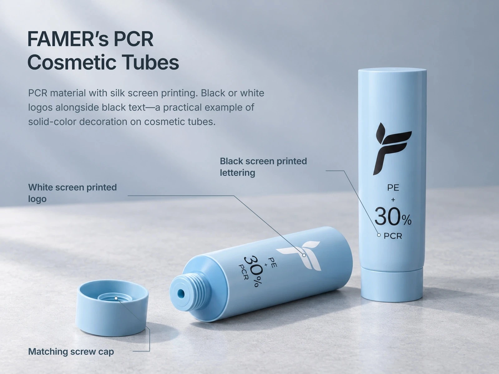 FAMER blue PCR cosmetic tubes with silk screen printed logos and lettering, an open threaded neck, and a matching screw cap. FAMER blue PCR cosmetic tubes with silk screen printed logos and lettering, an open threaded neck, and a matching screw cap.
