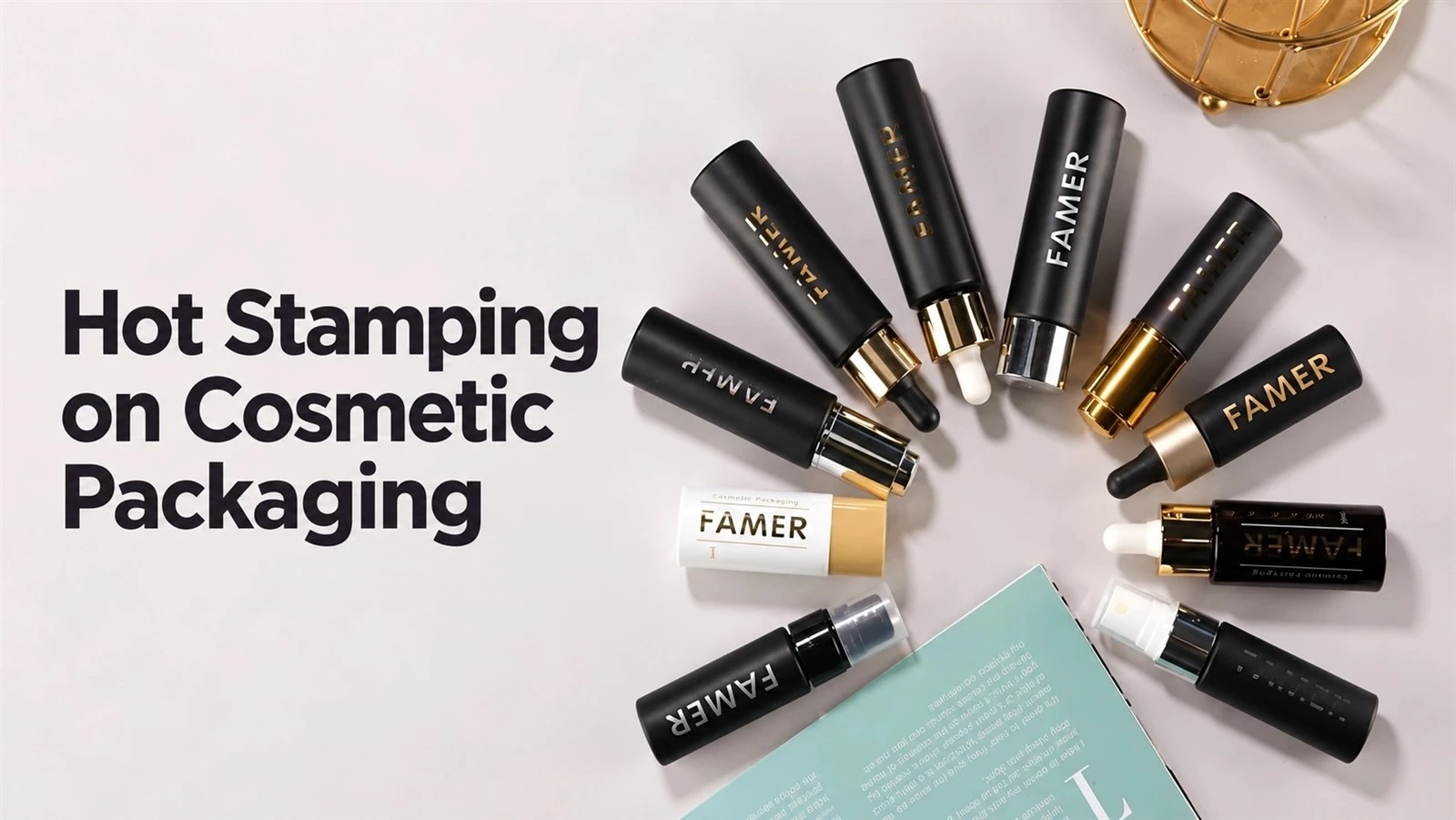 FAMER cosmetic bottles with gold lettering on dark bodies, alongside dropper and pump closures.