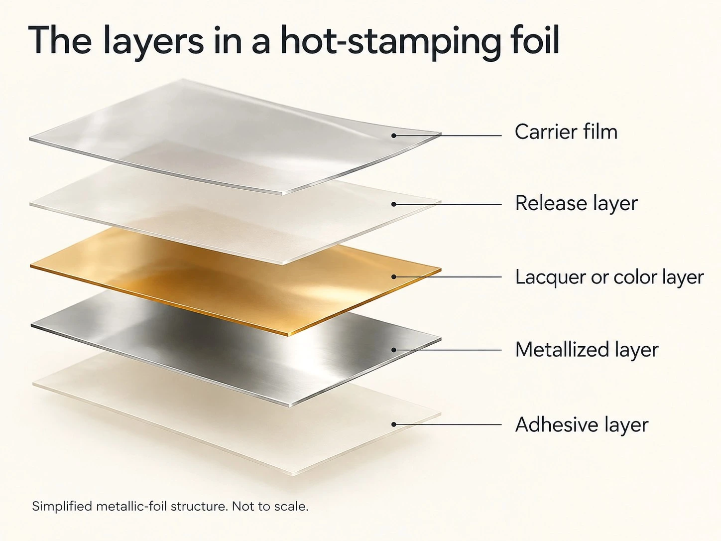 Five schematic layers of metallic hot-stamping foil, from the carrier film to the adhesive layer. Five schematic layers of metallic hot-stamping foil, from the carrier film to the adhesive layer.