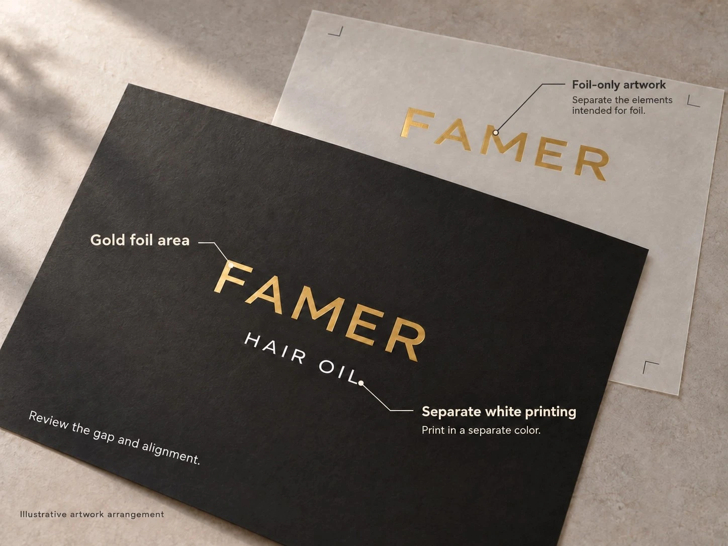 Annotated FAMER hair-oil artwork separates the proposed gold foil wordmark from white printing and highlights layout review. Annotated FAMER hair-oil artwork separates the proposed gold foil wordmark from white printing and highlights layout review.