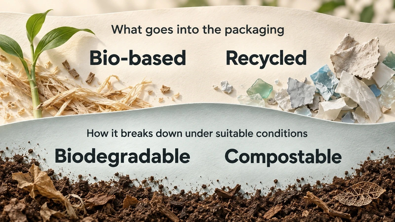 Bio-based and recycled labels describe material inputs, while biodegradable and compostable labels describe breakdown under suitable conditions