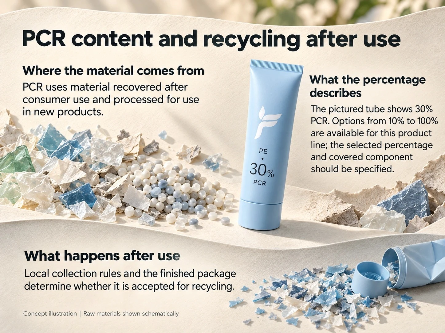 Blue FAMER tubes marked 30% PCR illustrate recycled content, while separate guidance explains that local recycling acceptance varies Blue FAMER tubes marked 30% PCR illustrate recycled content, while separate guidance explains that local recycling acceptance varies