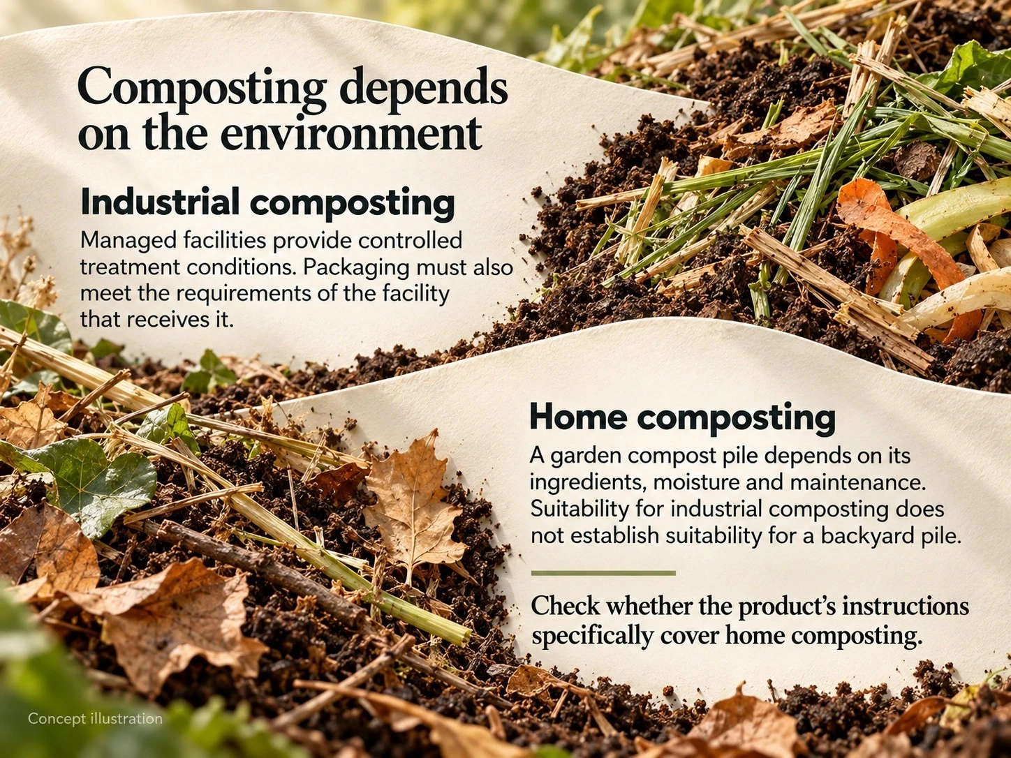 Conceptual illustration of industrial and home composting environments, highlighting different treatment conditions for compostable packaging. Conceptual illustration of industrial and home composting environments, highlighting different treatment conditions for compostable packaging.