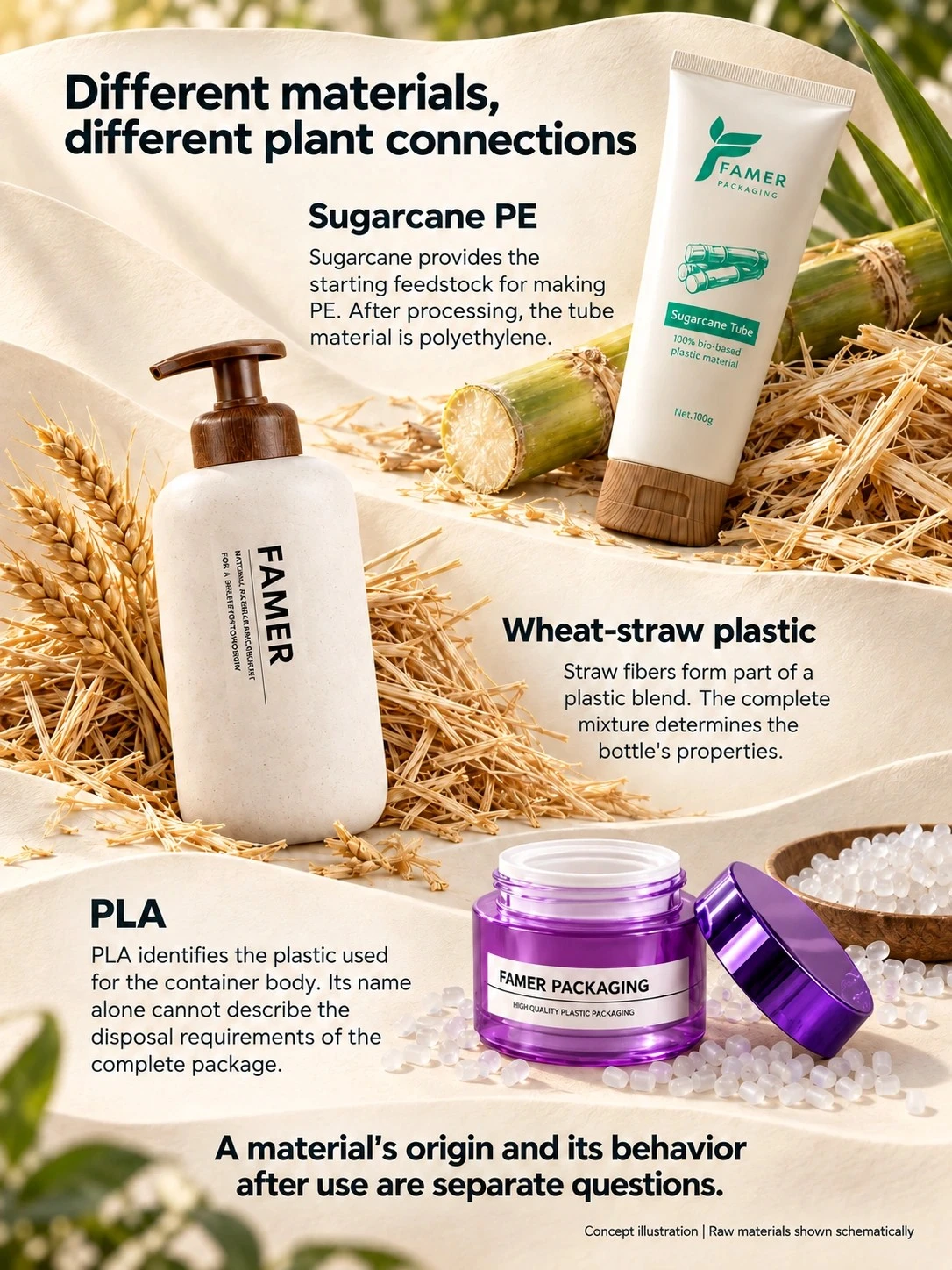 Sugarcane PE tubes, wheat-straw cosmetic pump bottles, and purple PLA containers illustrate different cosmetic packaging materials Sugarcane PE tubes, wheat-straw cosmetic pump bottles, and purple PLA containers illustrate different cosmetic packaging materials